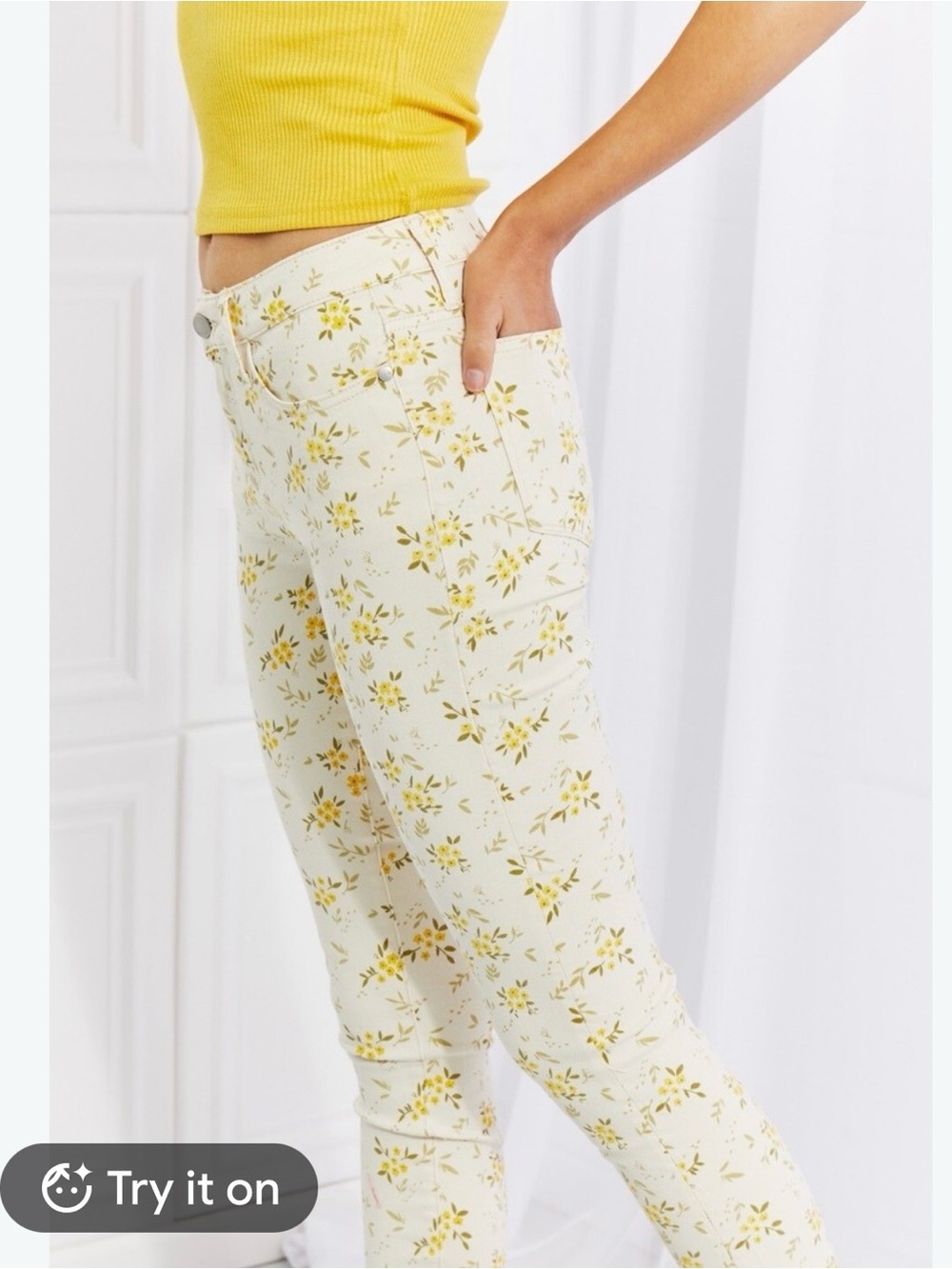Judy Blue Cream Skinny Pants with Yellow Floral Print
